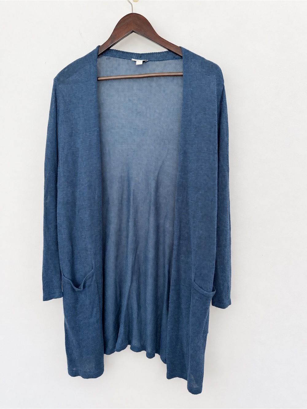 J Jill Linen Blend Longline Cardigan Large Petite Blue Open Front Duster Pockets
